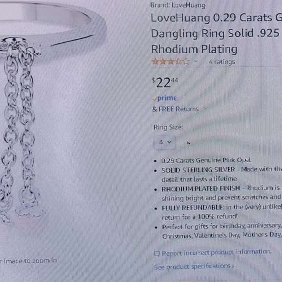 Sterling Silver Genuine Pink Opal Dangle Ring - Picture 8 of 8